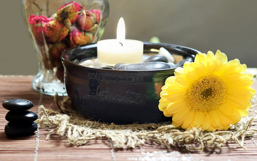 Amazing harmony , composition, black, ceramic bowl, relax, gerber, warmth, amazing, water, calm, balance, entertainment, elements, hemp, stones, fashion, pink, candle, light, love, spa set, yellow, flowers, feng shui, harmony HD wallpaper