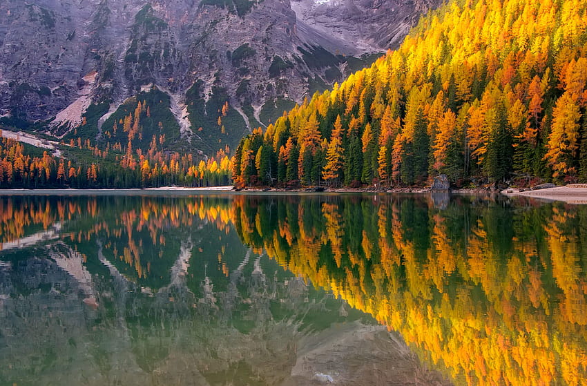 Amazing view of Braies Lake at autumn day, mountain, lake, serenity, tranquil, day, cliffs, reflection, autumn, view, trees, amazing, water, forest, Braies, south Tyrol, mirror, fall, Italy, rocks HD wallpaper