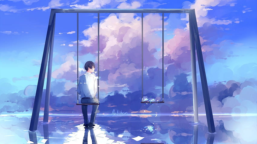 Anime Boy, Scenic, Swing, Clouds, Back View HD wallpaper