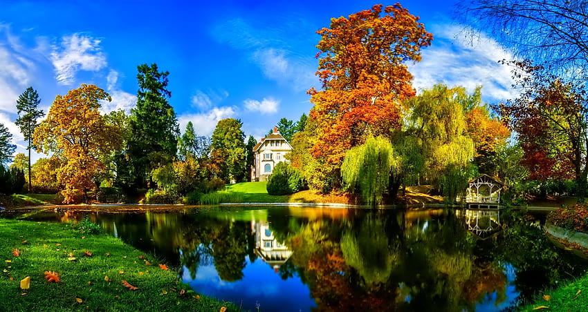 푸른 10월 하늘, 자연, 연못, 가을, 하늘 HD 월페이퍼