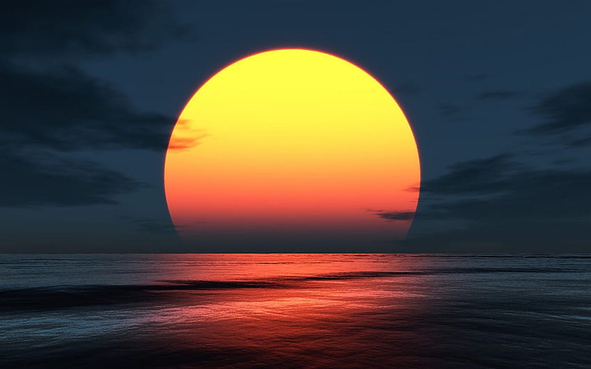 Zachodzące słońce, światło księżyca, nocny księżyc. Kraj zachodu słońca, ocean w nocy, zachód słońca na wodzie Tapeta HD