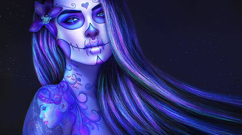 Dia de los muertos, blue, black, girl, beauty, purple, halloween, fantasy, magicnaanavi, sugar skull, luminos HD wallpaper