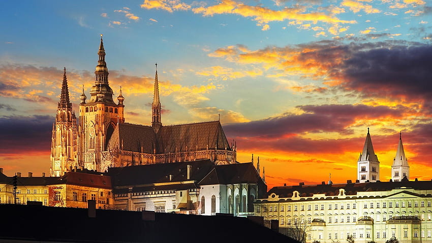 Cathédrale Saint-Guy et château de Prague au coucher du soleil Fond d'écran HD
