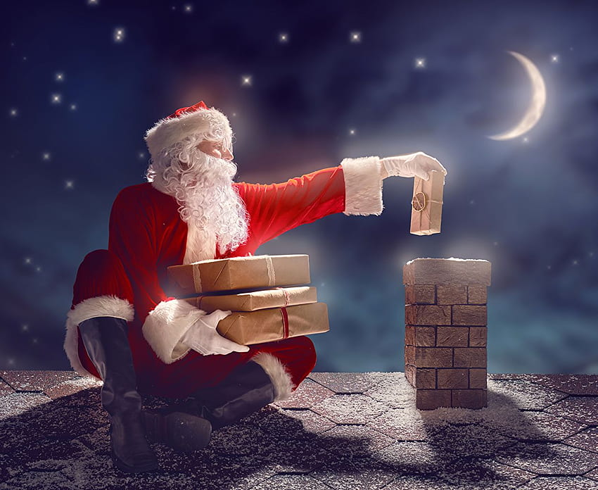 Christmas Roof Santa Claus Moon Hadiah Malam Wallpaper HD