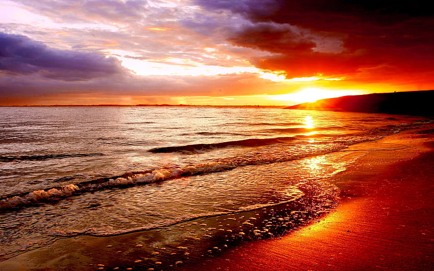 MAR de FOGO, mar, céu, pôr do sol, praia papel de parede HD
