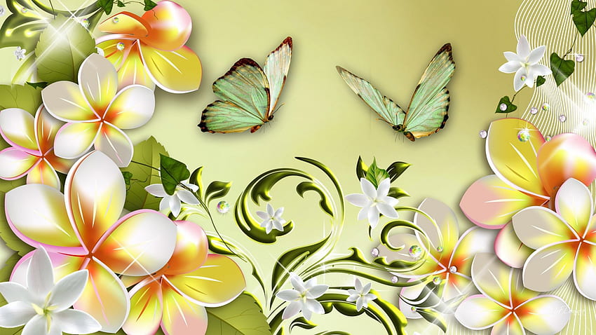 Forever Flowers, plumeria, frangipani, papillon, spring, summer, butterflies, leaves, butterfly, swirls, flowers, fragrant, fleurs HD wallpaper