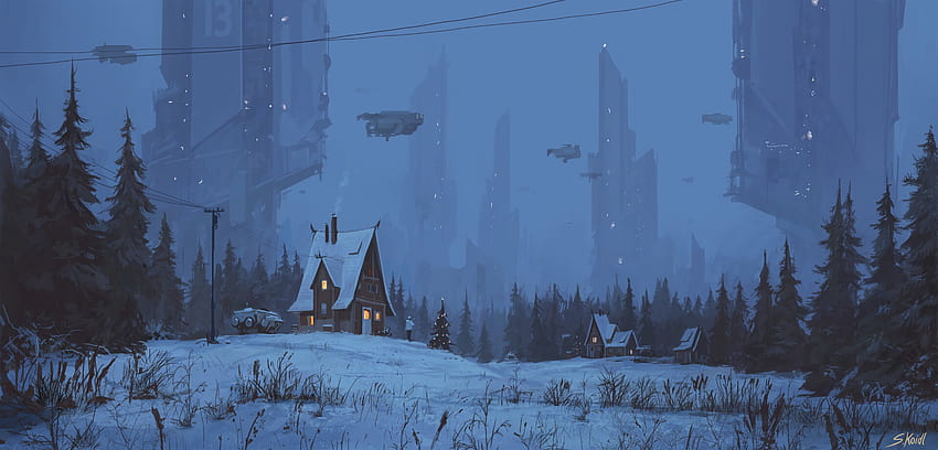 Winter, Kunst, Nacht, kleines Haus, Hütte, Zukunft HD-Hintergrundbild