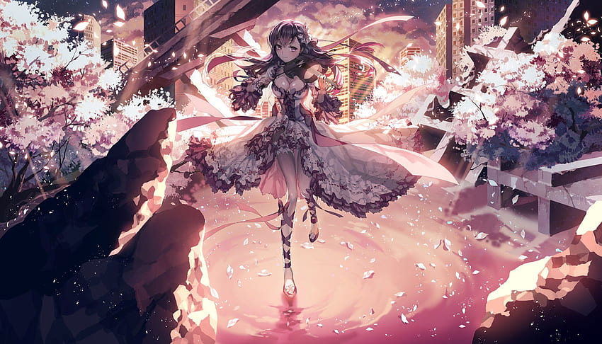 Violin girl anime city flower sakura dress smile HD wallpaper | Pxfuel