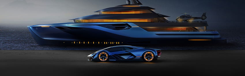 Blue Lamborghini, yacht, helicopter U ,, Luxury Helicopter HD wallpaper