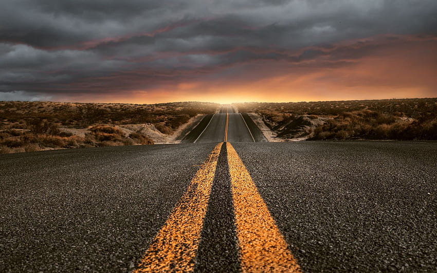 Amerykańska autostrada, pustynia, asfaltowa droga, zachód słońca, wieczór, USA z rozdzielczością. Wysoka jakość Tapeta HD