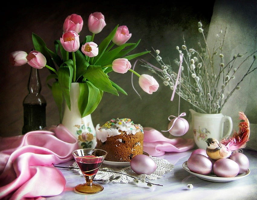Primavera, amentilhos, entretenimento, vaso, cores, tulipas, ovos, bolo, outros, vidro, flores papel de parede HD