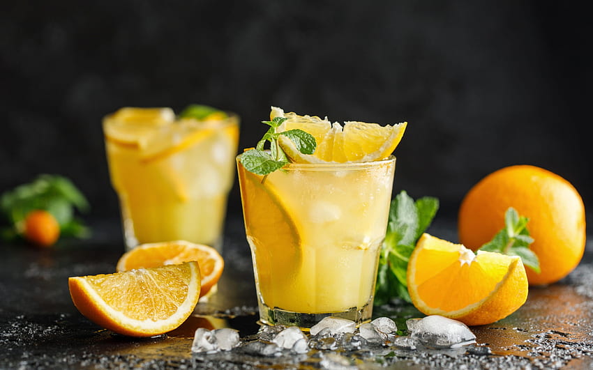 портокалови смутита, здравословни напитки, портокалов сок, портокали, лед, смутита, чаша смутита, плодове HD тапет
