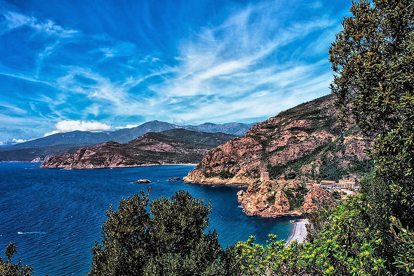 Badlands in Corsica, sea, corsica, sky, france HD wallpaper