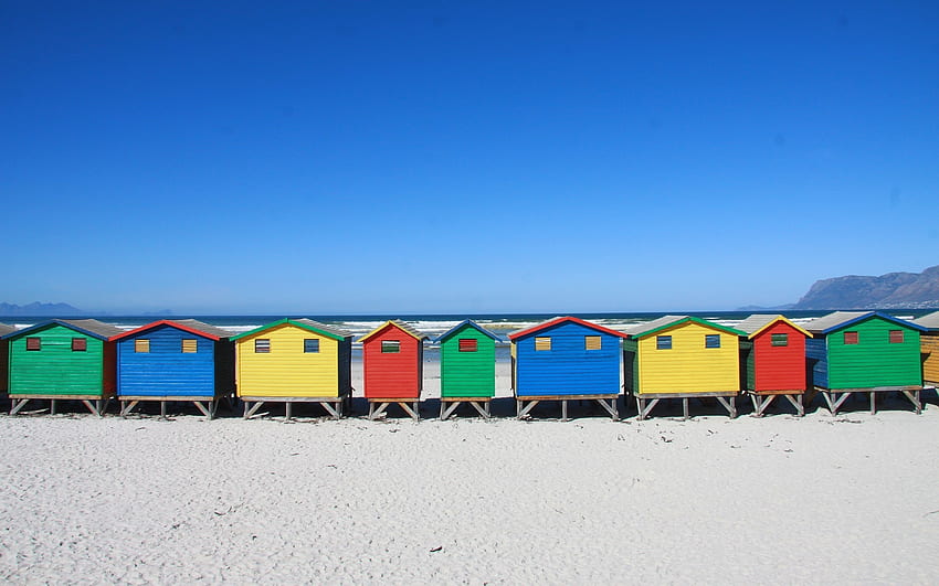 Beach Huts in South Africa, sand, South Africa, colors, beach huts, beach, ocean HD wallpaper