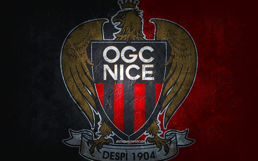 OGC Nice, ทีมฟุตบอลฝรั่งเศส, พื้นหลังสีแดงดำ, โลโก้ OGC Nice, ศิลปะแบบกรันจ์, ลีกเอิง 1, ฝรั่งเศส, ฟุตบอล, สัญลักษณ์ OGC Nice วอลล์เปเปอร์ HD