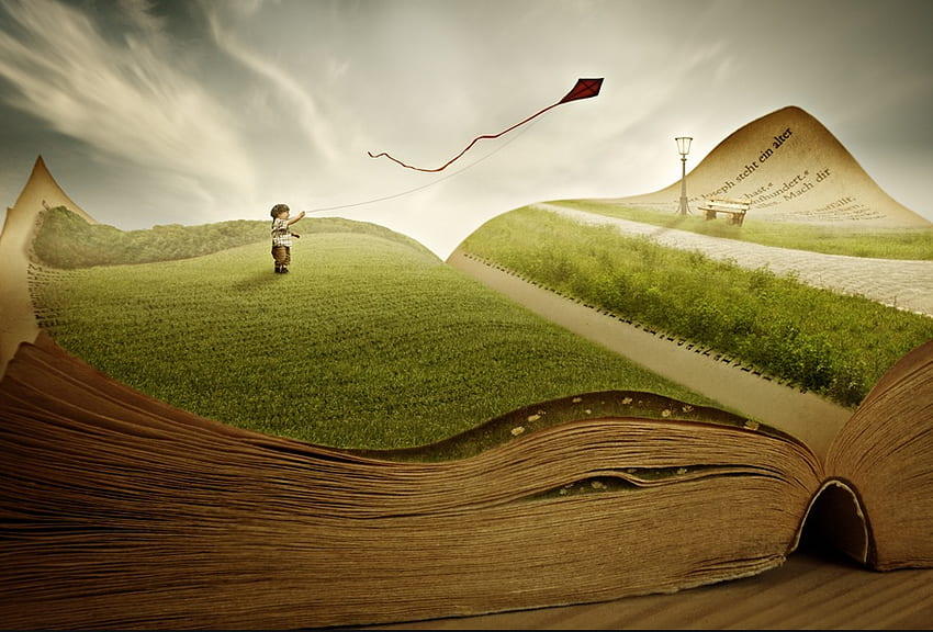 Storybook, kite, book, scattered, papers, child HD wallpaper