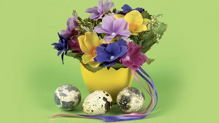 Flowers and easter eggs, egg, easter, arrangement, flower HD wallpaper