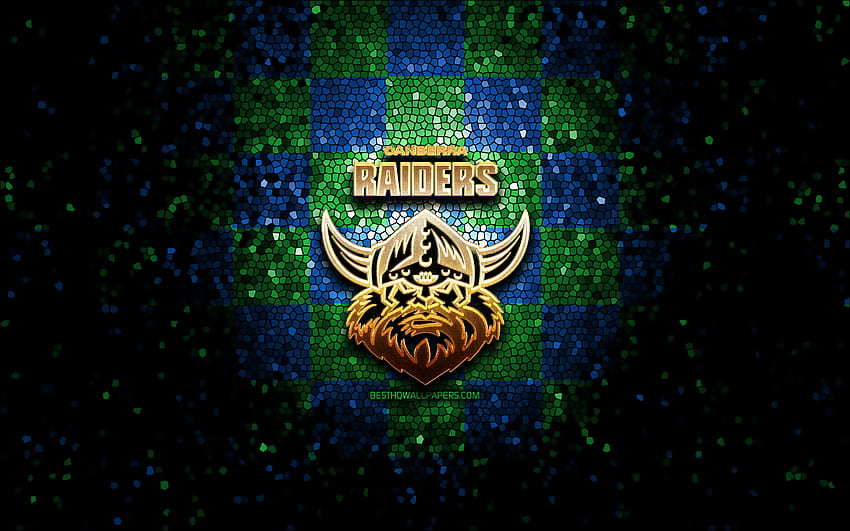 Canberra Raiders, logotipo brillante, NRL, a cuadros azul verde, rugby, club de rugby australiano, logotipo de Canberra Raiders, arte de mosaico, Liga Nacional de Rugby fondo de pantalla