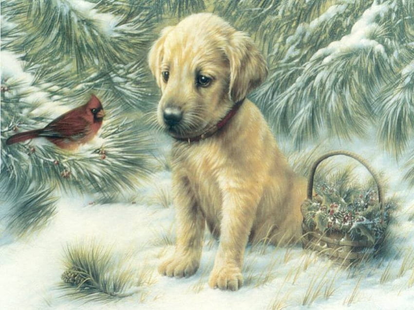 Puppy and bird, puppies, painting HD wallpaper