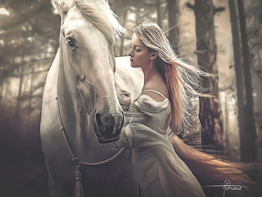 Friendship, wind, horse, trees, girl, forest, beauty HD wallpaper