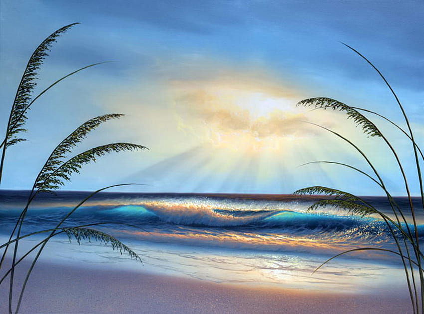 Peace in my soul, blue, rays, reeds, sand, sunset, ocean, beach HD wallpaper