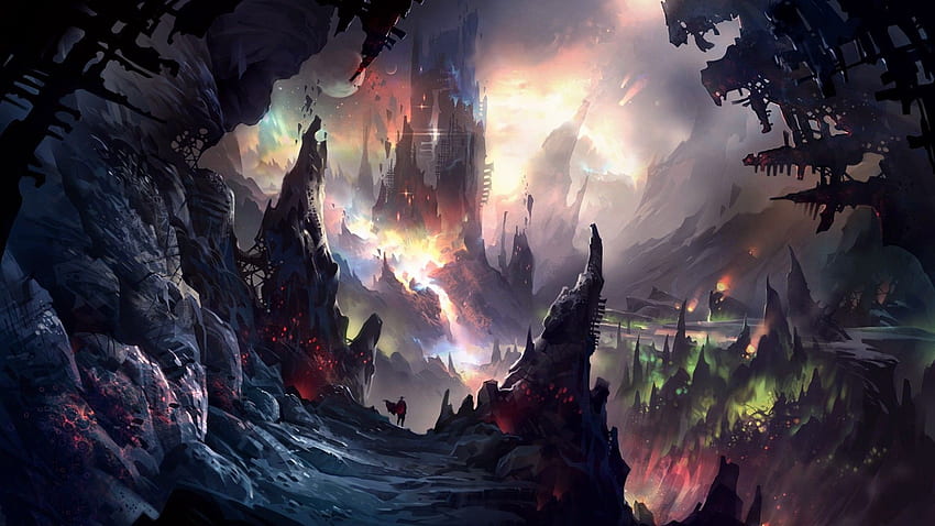 castle, cave, mountains, fantasy art. .ua HD wallpaper