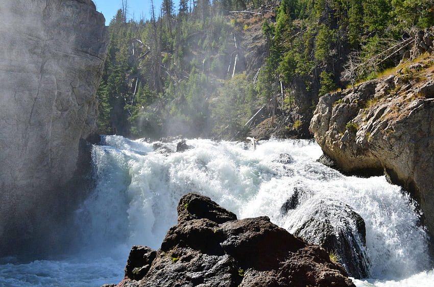 Waterfall in Yellowstone, river, waterfall, nature, mountain HD wallpaper