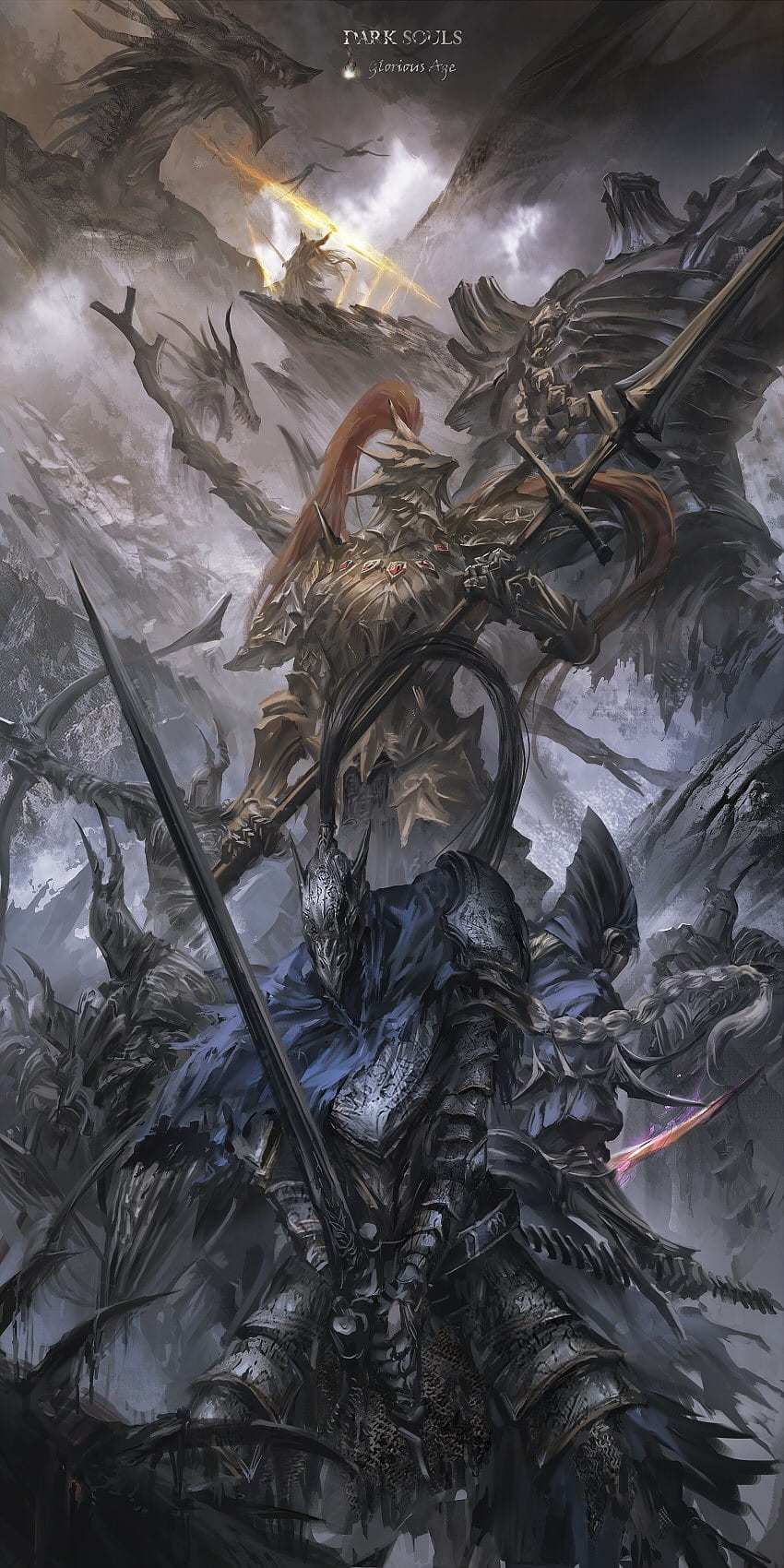 fantasy art, Dragon Slayer Ornstein, Dark Souls, artwork, Artorias the Abysswalker, video game art HD phone wallpaper