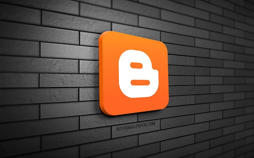 Logotipo 3D de Blogger, pared de ladrillo gris, creatividad, redes sociales, logotipo de Blogger, arte 3D, Blogger fondo de pantalla