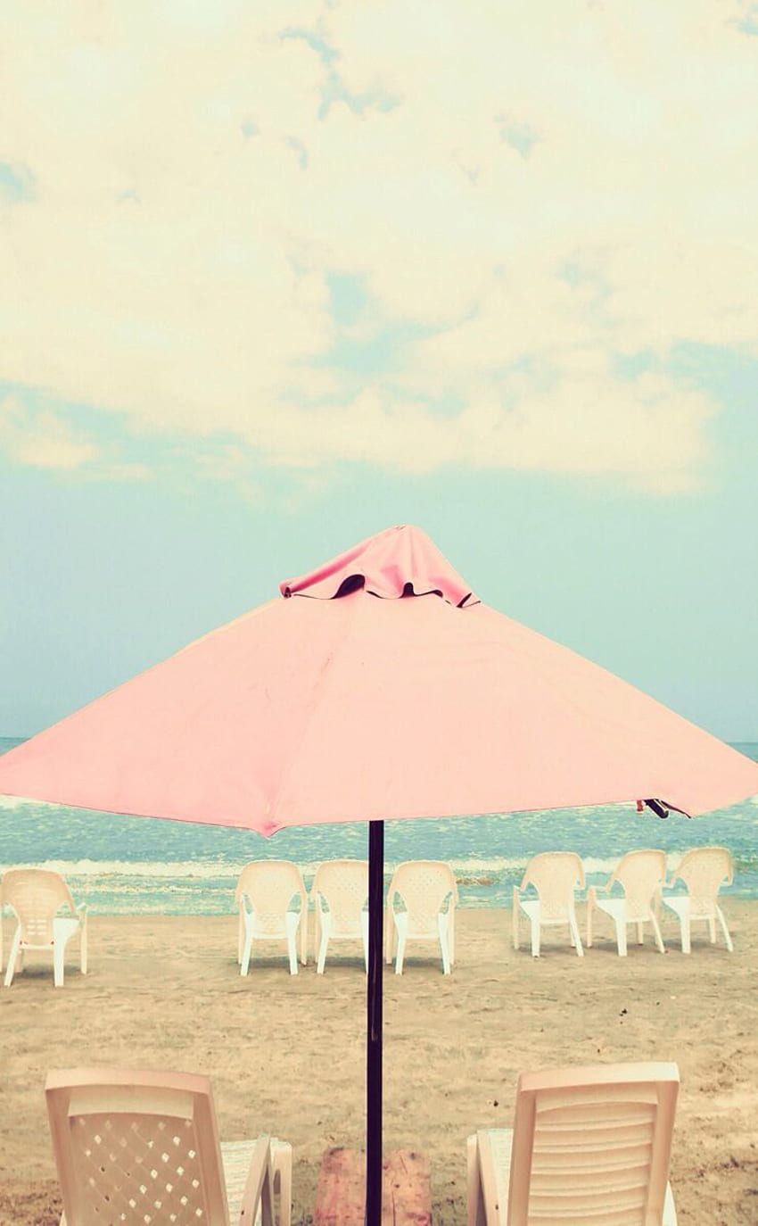 Pastel Pink aqua mint beach umbrella ocean sea view clouds, Cute Vintage Beach HD phone wallpaper