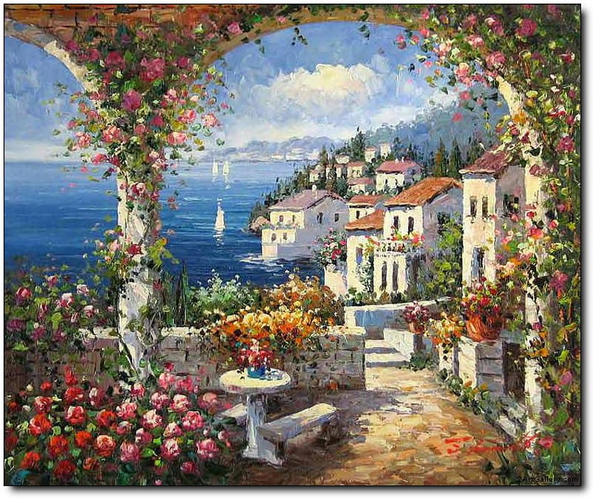 海辺、青、海、ベンチ、テーブル、ヴィラ、庭園、ボート、ブドウの木、花、柱、水、テラス 高画質の壁紙