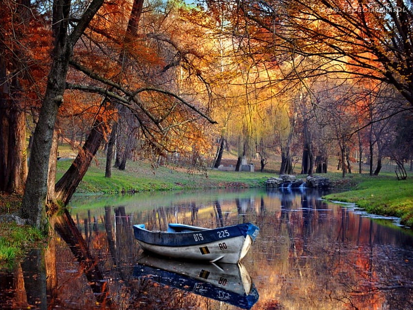 秋、ボート、川、自然 高画質の壁紙