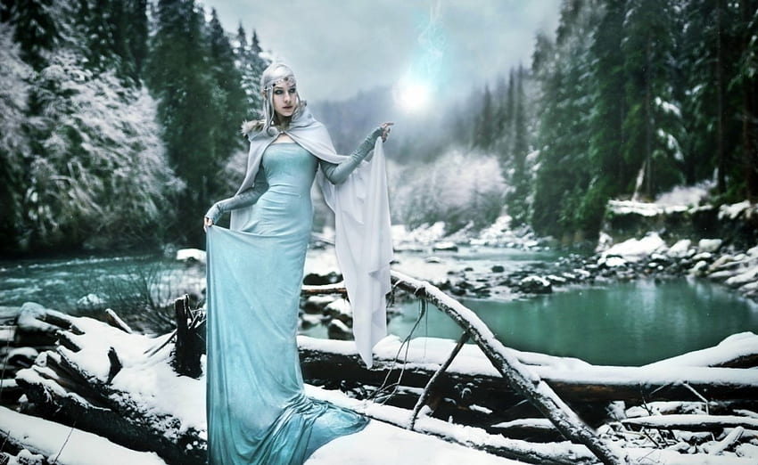 Winter Sorceress, winter, river, magic, snow, logs, forest, woman HD wallpaper