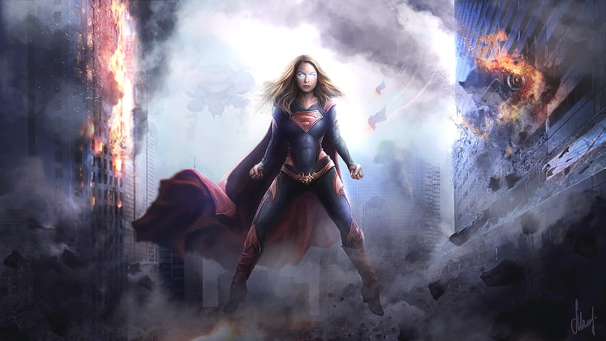 Supergirl, humo, anochecer, superhéroe, arte. fondo de pantalla