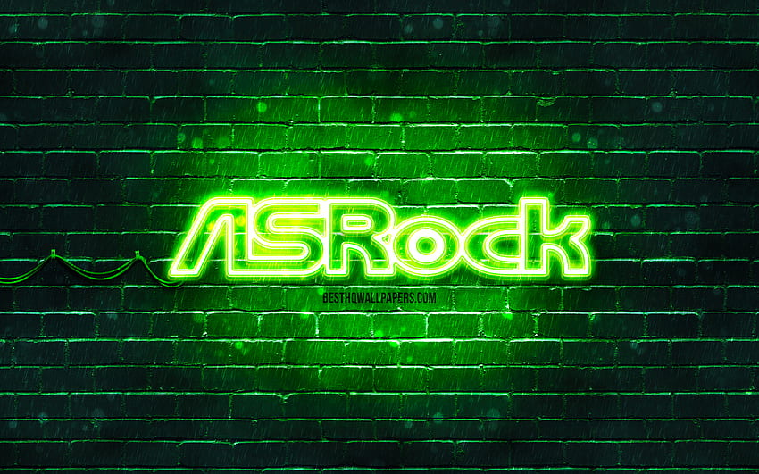 Logo vert ASrock, mur de briques vert, logo ASrock, marques, logo néon ASrock, ASrock Fond d'écran HD