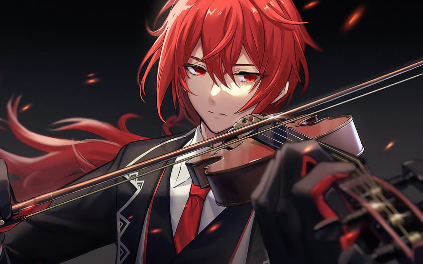 Diluc with violin, Genshin Impact, protagonists, manga, Diluc Genshin, artwork, Diluc Genshin Impact HD wallpaper