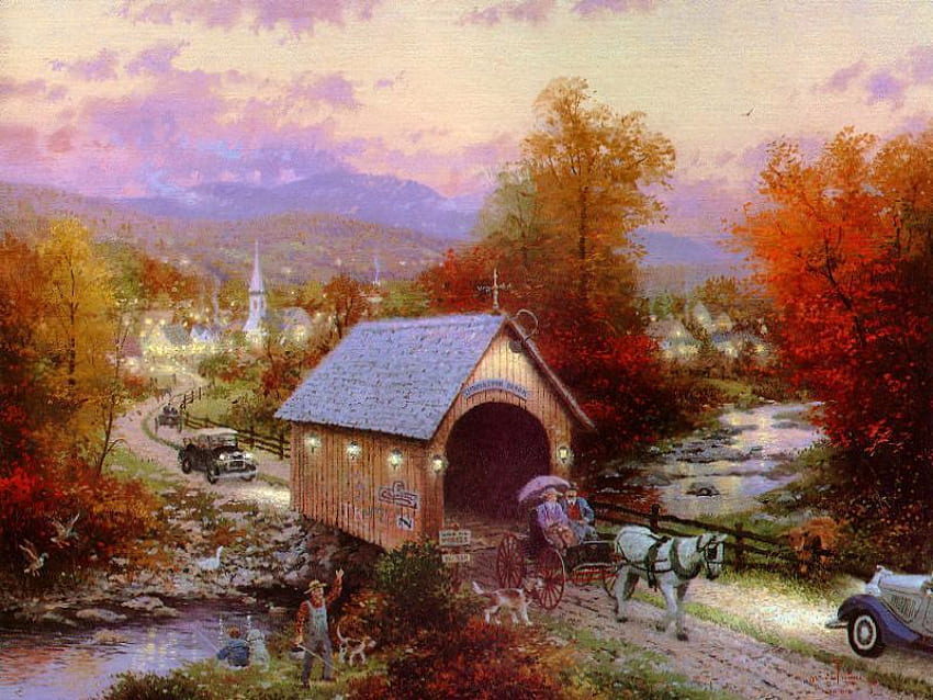 Alte überdachte Brücke, Pferd, Kutsche, gestern, Autos, Bäume, Brücke, Herbst HD-Hintergrundbild