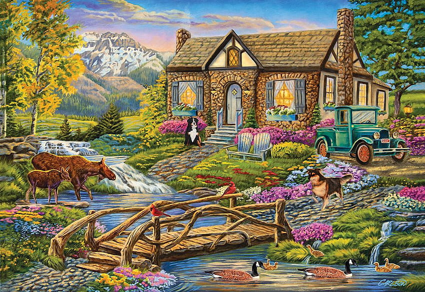 Serene Retreat, chien, ruisseau, voiture, peinture, orignal, pont, fleurs, chalet, montagnes, oies Fond d'écran HD