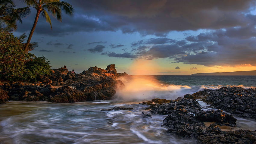 Makena Cove, Maui, Hawaii, sunset, sea, landscape, clouds, sky, rocks, usa HD wallpaper