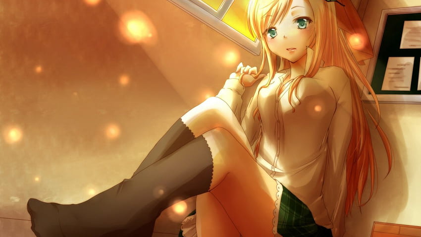 cute girl, anime, alone, sun light, girl, green eyes HD wallpaper
