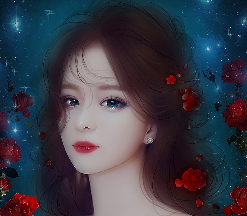 Beauty, blue, asian, girl, summer, rose, fantasy, flower, face, luminos HD wallpaper