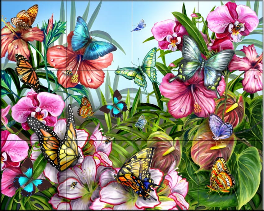 butterflies flowers murals, butterflies, murals, tile HD wallpaper