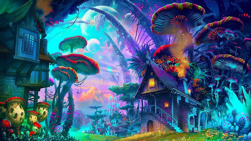 Magical mushrooms city two, bright, vibrant, city, colors, trippy, mushroom, fungus HD wallpaper