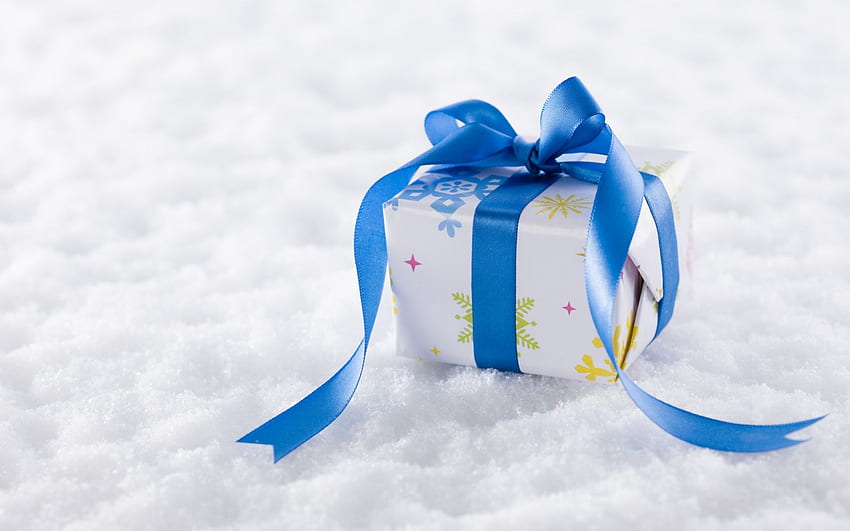 Gift box, white, blue ribbon, gift, box HD wallpaper