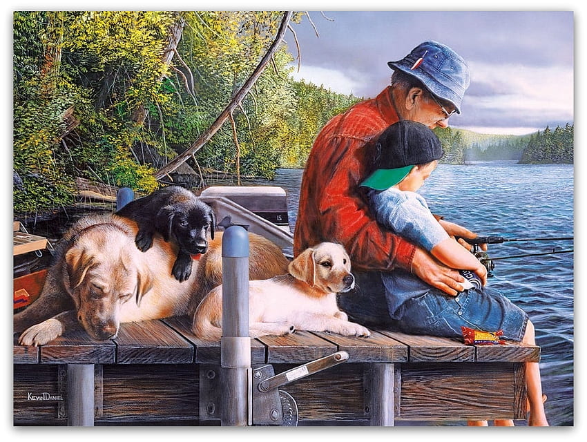 fishing with my grandson, dogs, grandpa, grandson, dad HD wallpaper