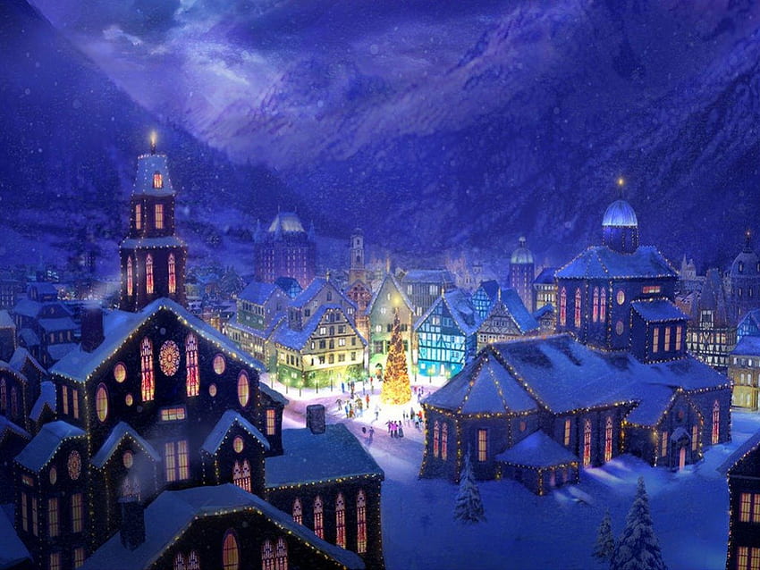 Malam Natal, malam, biru, musim dingin, putih, kota, seni, rumah, kotak, orang-orang, pohon, lukisan, salju, lampu, hari Natal, malam Wallpaper HD