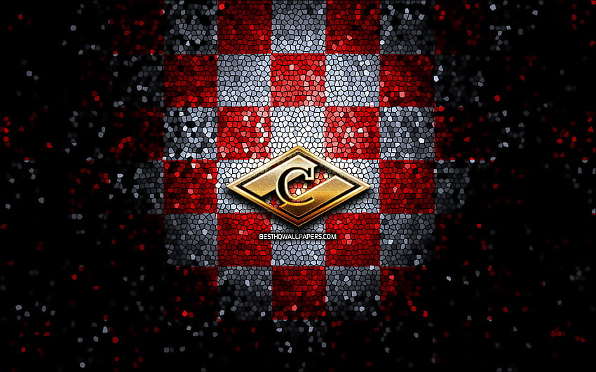 HC Spartak Moscow, glitter logo, KHL, red white checkered background, hockey, Kontinental Hockey League, HC Spartak Moscow logo, mosaic art, russian hockey team, Spartak Moscow HD wallpaper