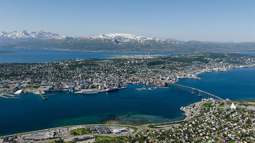 Norwegia, Tromso, pemandangan atas kota, jembatan, laut, Tromsø Wallpaper HD
