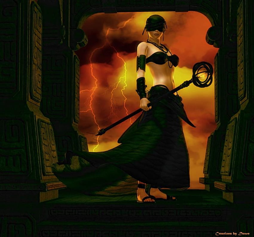 Her Realm, lightning, blindfold, staff, red skies, castle, woman HD wallpaper