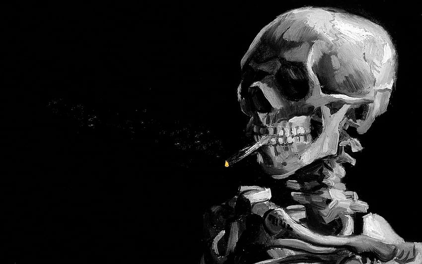 smoking, skeletons, Vincent Van Gogh, artwork, black background, Van Gogh Skull HD wallpaper
